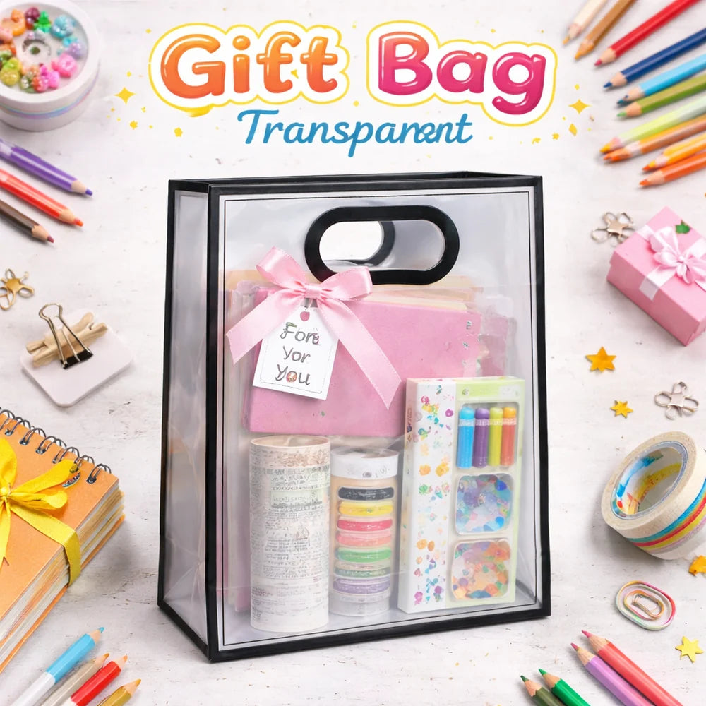 Transparent Gift Bag with Handle Small 26x18x8cm | Clear PVC Gift Packaging Bag for Stationery, Birthday & Special Occasions 1pc